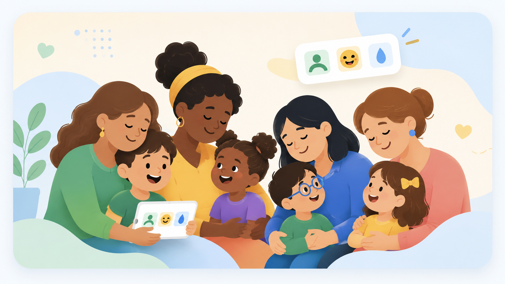 Famílias e crianças diversas reunidas ao redor de um tablet com a prancha visual do Fala Comigo